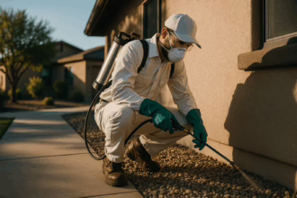 Pest control professional in protective gear applying pesticide near a home's foundation on a gravel pathway.