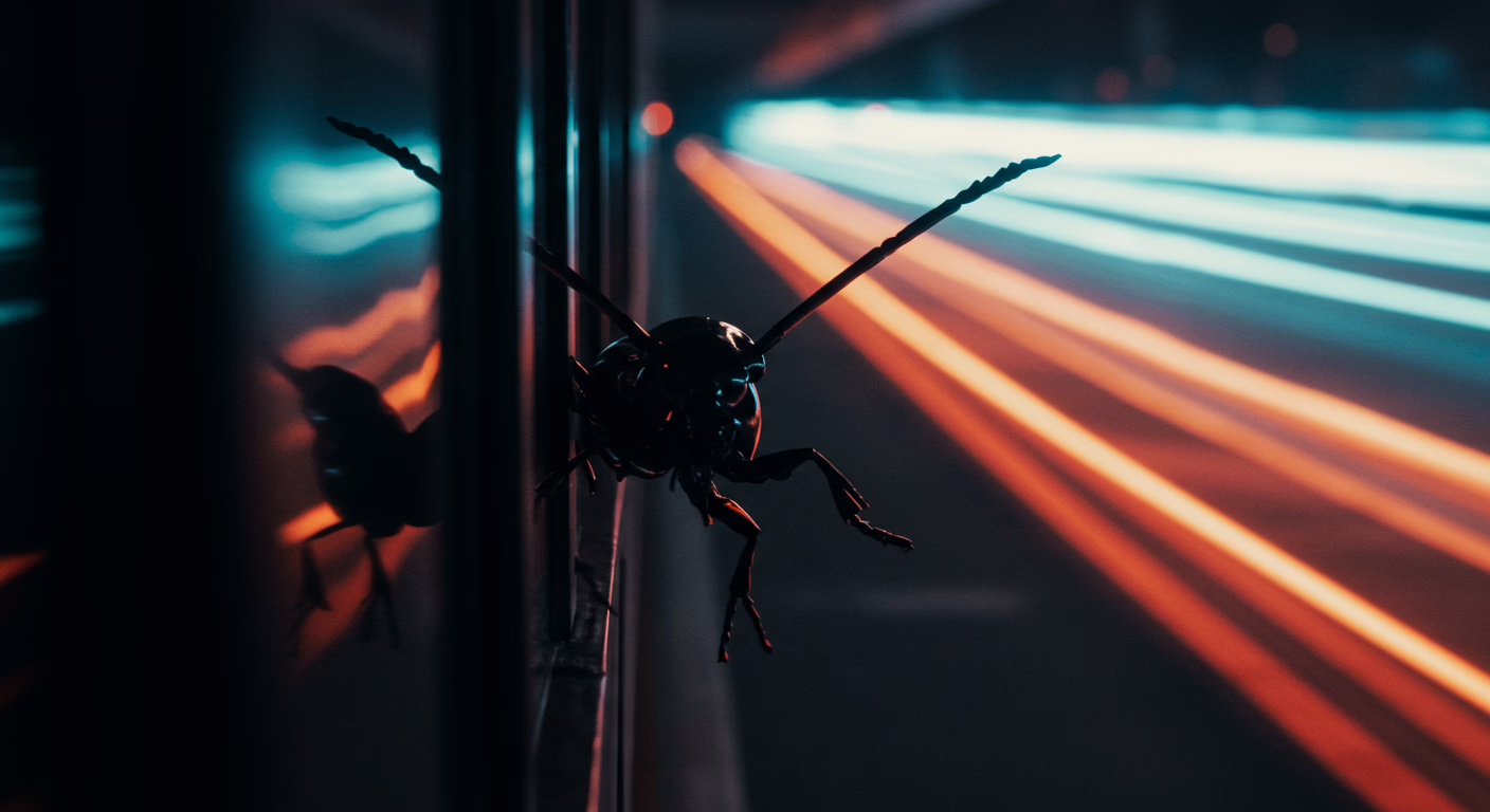 A black insect with long antennae clings to a surface, with bright streaks of blue and orange light in the background.